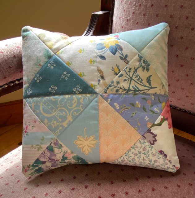 old-fashioned style patchwork cushion blue