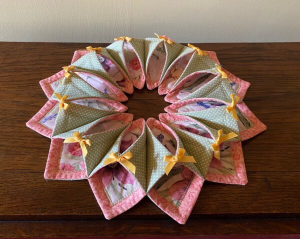 Fabric wreath for summer in pink, green and yellow