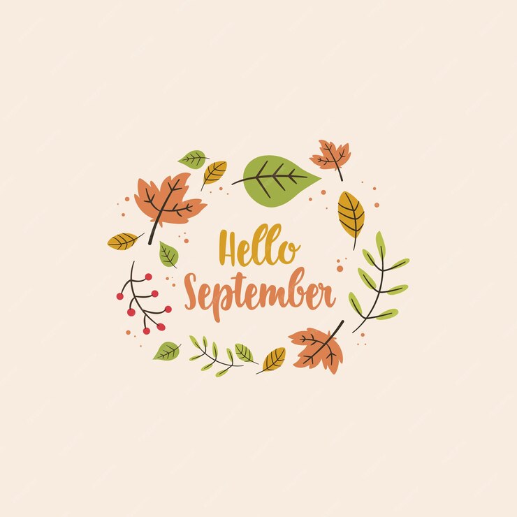 vector sign which says Hello September surrounded by autumn leaves