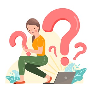 a young cartoon girl with a laptop and lots of questions