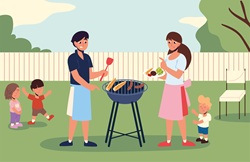 A cartoon family with Mom, Dad and three children having a summer barbecue in the garden