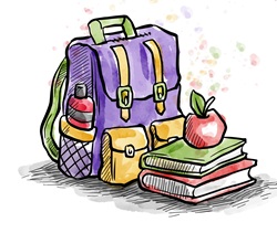 a vector showing a purple backpack, a stack of books and an apple