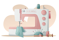 pink and white sewing machine with a pin cushion and fabric under the needle