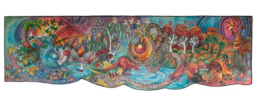 a colourful quilt with paintings of places and animals from Australia