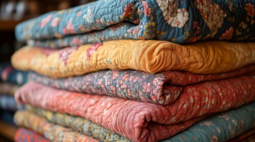 Soft, rolled quilts in various colors are arranged in a neat stack, highlighting detailed floral stitching and warm textiles. They evoke a sense of comfort and craftsmanship.