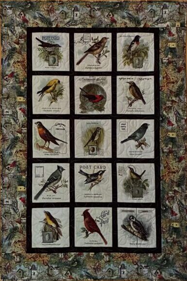 quilted tapestry wall hanging featuring 15 beautiful songbirds in postcard format