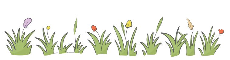 A horizontal row of cartoon green grasses with small purple, yellow, red, and orange flowers, forming a decorative border.