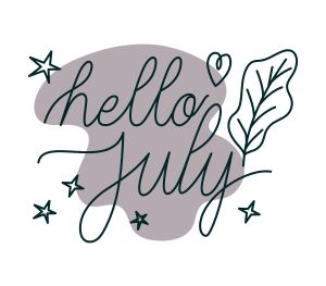 vector image in grey and black on a white background with script reading "Hello July" along with a leaf, five stars and a heart